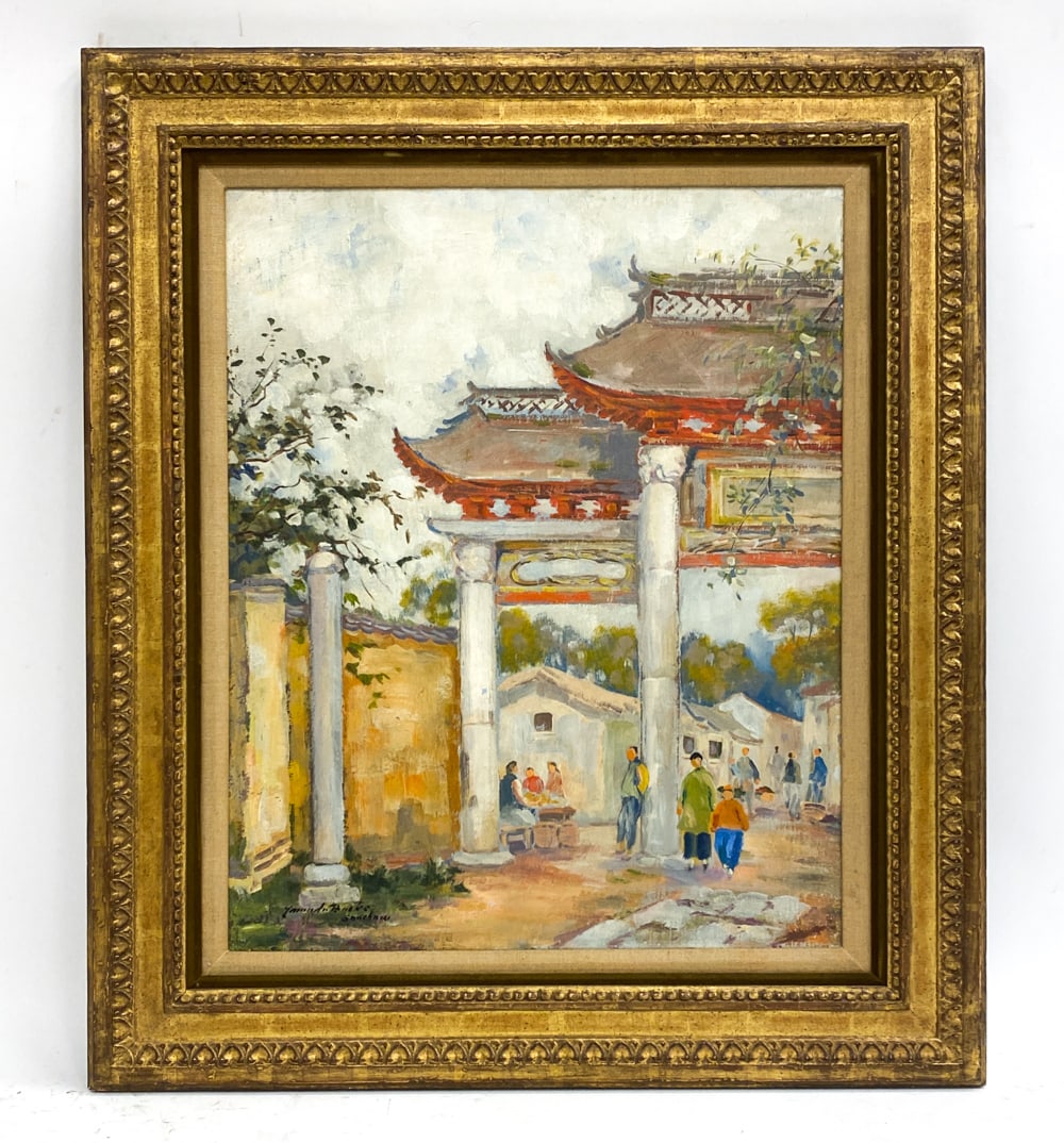 ANTIQUE PAINTING OF SCHUCO CHINA O/C: Oil on canvas town gates. Indistinctly signed and titled lower left. Appears to be 1920/30s. Dimensions: (Frame) H 31.5" x W 27.5" (Canvas) H 24" x W 19.75" Condition: Rubs and wear to frame consisten