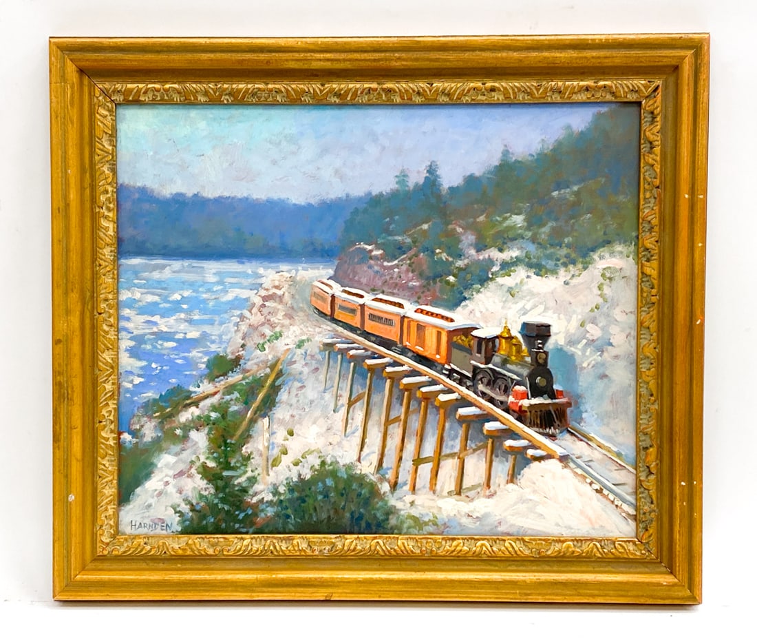 WILLIAM HARNDEN (1920-1983) OIL ON MASONITE: Oil on masonite. Train in the snow. Signed lower left. Frame: H 25.25" x W 29.5" Masonite H 20" x W 23.75: Condition: Moderate rubbing and marks to gilt frame. Painting presents well overall.