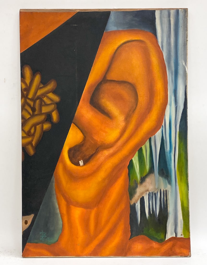 1970S ABSTRACT O/C PAINTING: Abstract portrait of an enlarged ear with a lit candle within the canal. Monogrammed and dated 73 lower left. Canvas: H 44" x W 30" Condition: Moderate scuffs and toning to canvas overlap. Wear consis