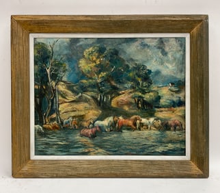 MODERNIST LANDSCAPE W/ HORSES O/C PAINTING
