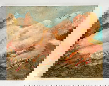 MODERNIST NUDE ON BEACH O/C PAINTING