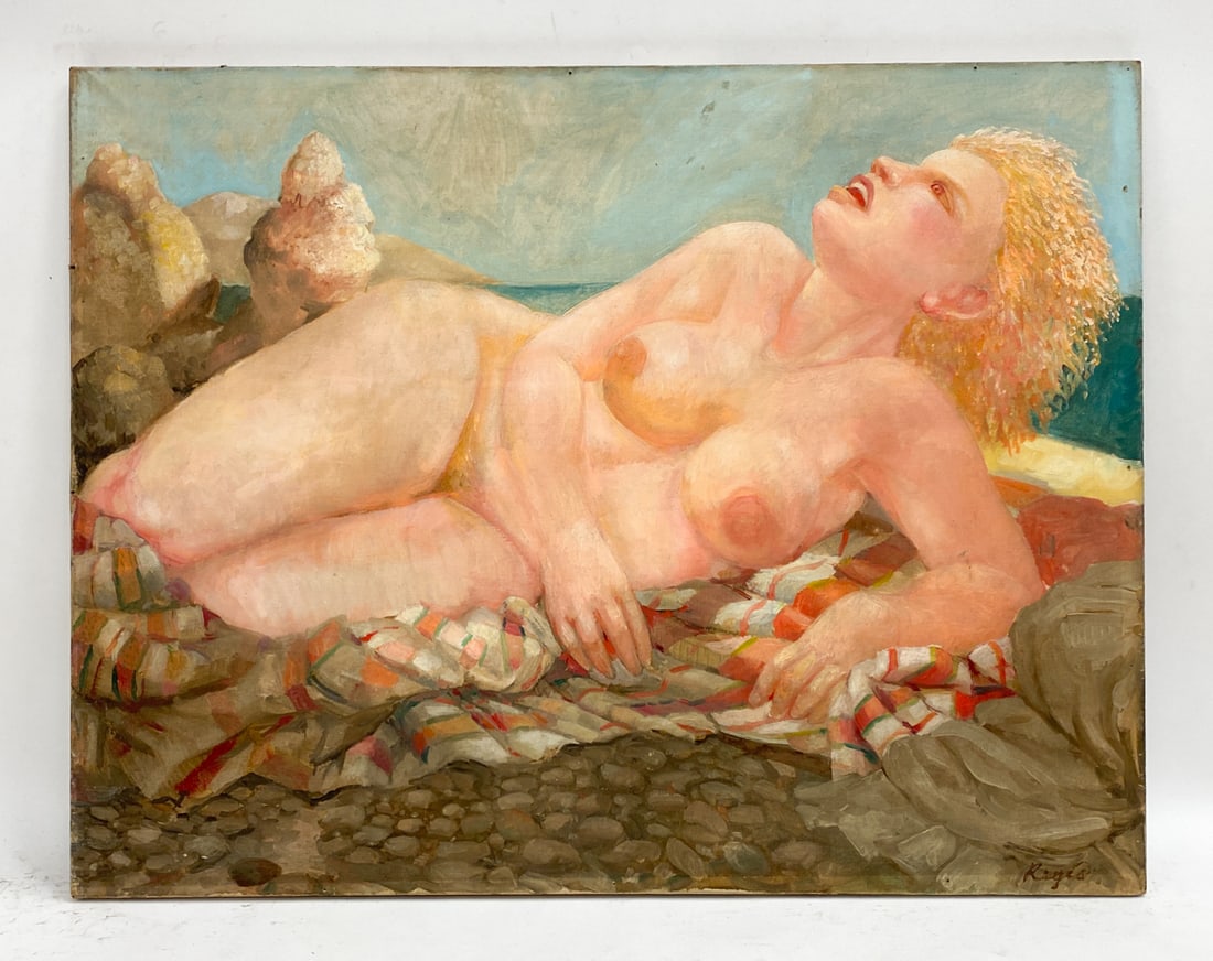 MODERNIST NUDE ON BEACH O/C PAINTING: Reclining nude on beach with startled look. Signed Reges to lower left. Canvas: H 28" x W 36" Condition: Scattered holes and tears from previous stretching to canvas edges. Wear consistent with age.