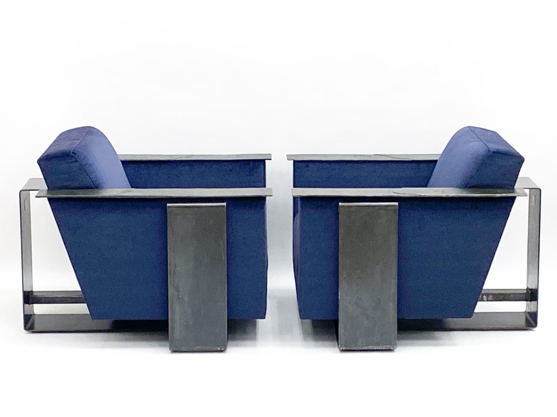 PAIR OF DOMITO BRONZE & VELVET CLUB CHAIRS: Bronze textured frame and armrests. Reupholstered with "Opulence" silk mohair velvet in "Midnight" color. Provenance: From a Park Ave Manhattan apartment designed by David Kleinberg. Dimensions: H 30"