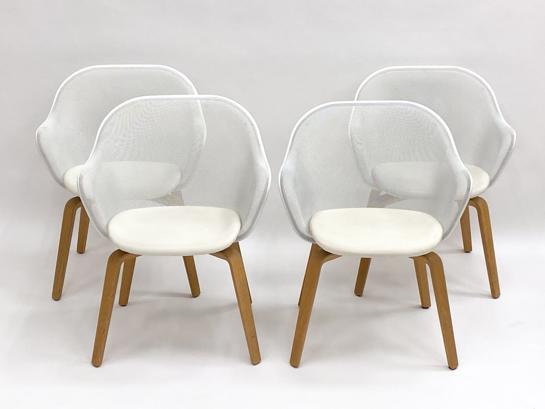 (4) ANTONIO CITTERIO IUTA MODEL IULA-C CHAIRS: Labeled to undersides. White painted with metal mesh seat back and oak legs. Seat upholstered in "Pelle Alfa" white textured leather. From Park Ave Manhattan Apartment designed by David Kleinberg Dime