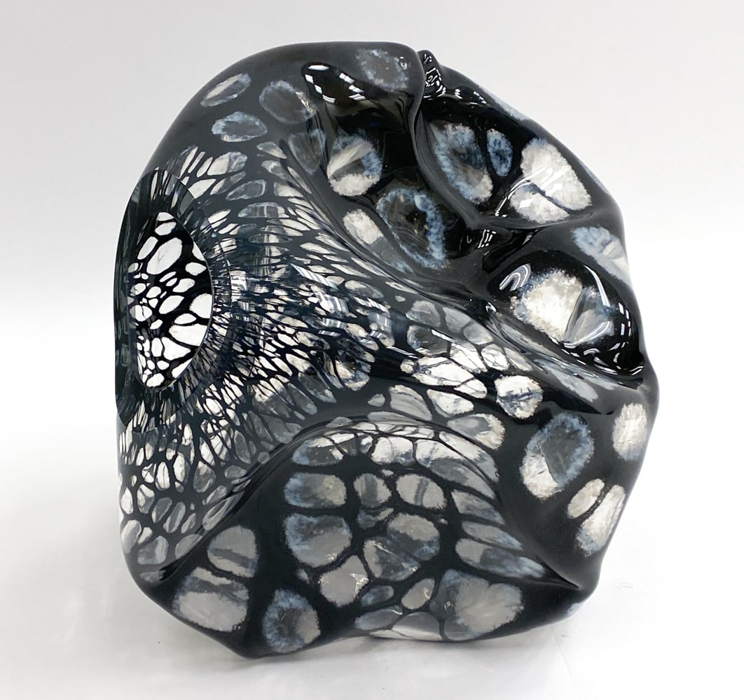 JEFF ZIMMERMAN UNIQUE HAND-BLOWN GLASS SCULPTURE: label on underside with info. US, circa 2015. With original invoice. Provenance: From a Park Ave Manhattan apartment designed by David Kleinberg. Dimensions: H 13" x W 11.5" x D 9.5" Condition: In gre