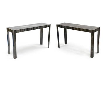 PAIR OF STAINLESS STEEL LACQUERED CONSOLES: Pair of console tables in a straw marquetry patinated stainless steel with a polished lacquer clear-coat finish. The tops have a radiating pattern and the legs are triangular with marquetry patterns.