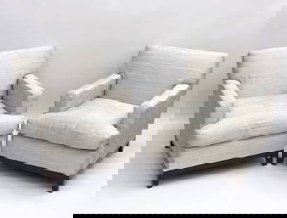 PAIR OF CUSTOM LAWSON ARMCHAIRS: Custom lounge chairs with tight fitted backs and loose seat cushions, square arms. With mahogany base and tapered legs. Made with Jim Thompson "Ekami" fabric in the "Camino" color. With original invoi