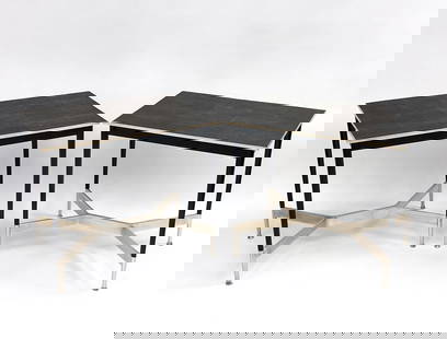 PAIR OF ALEXANDER LAMONT SIDE TABLES: Features Shagreen textured tops that Alexander Lamont is known for, with cast bronze edges, black lacquered legs joined by a metal stretcher. Labels on undersides. With original invoice Provenance: Fr