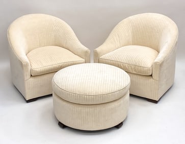 PAIR DUPRE LAFON DOWN FILLED CHAIRS & OTTOMAN