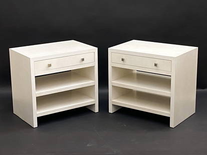 PAIR OF CUSTOM PARCHMENT CLAD NIGHTSTANDS: Off white parchment nightstands with soft closing drawers and two shelves. Dimensions: H 28" x W 30" x D 20" From Park Ave