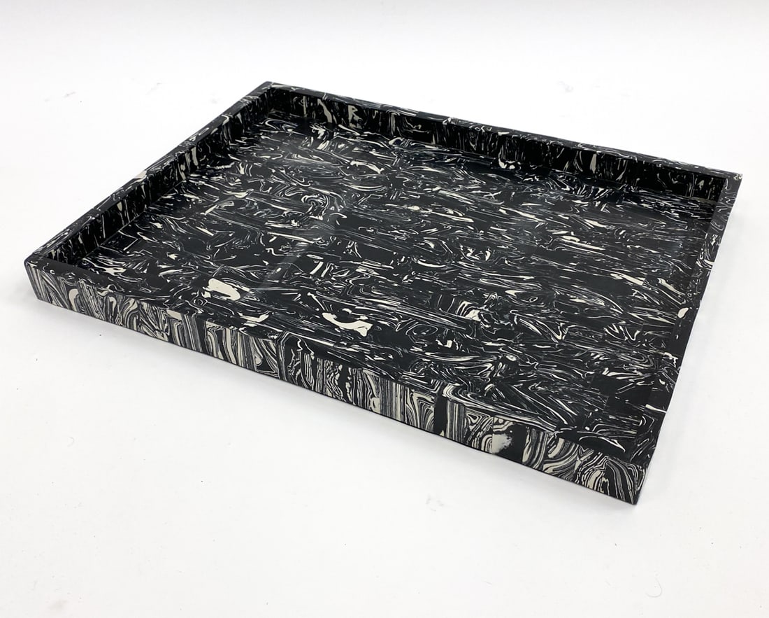 BLACK & WHITE INLAID STONE TRAY: Dimensions: H 2" x W 24.25" x D 18.25" From Park Ave Manhattan Apartment designed by David Kleinberg Condition: Slight discoloration to finish on stone. Presents well overall.