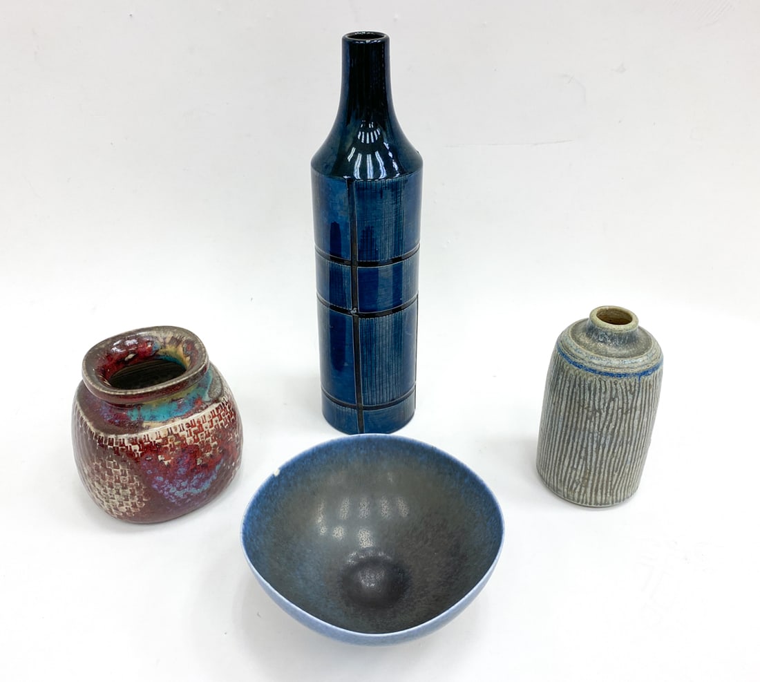 GROUPING OF SWEDISH CERAMICS, CIRCA 1960S: One Wallakra vase, a Berndt Friberg vase and bowl, and one Ingid Atterberg Upsala-Ekeby vase. All marked on undersides. With copy of invoice. Provenance: From a Park Ave Manhattan apartment designed b