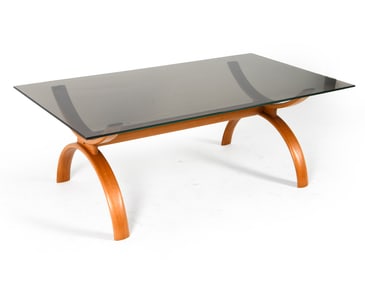 MID-CENTURY BIRCH & SMOKED GLASS COFFEE TABLE