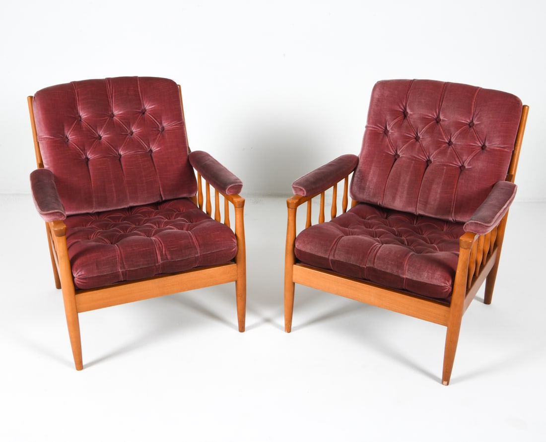 PAIR OF DANISH VELOUR LOUNGE CHAIRS: Marked Fagas Denmark to underside. Red-tone velour upholstery. Dimensions: H 31" x W 28" x D 27.5", SH 16.5" Condition: Moderate scattered nicks and dings to frames. Slight musty scent to upholstery. 