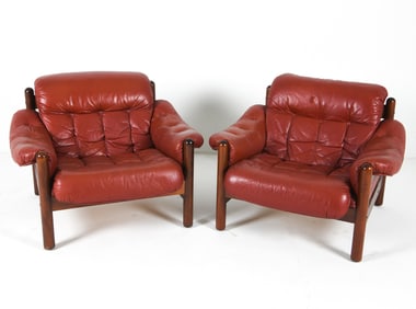 PAIR OF SWEDISH BEECH & LEATHER LOUNGE CHAIRS