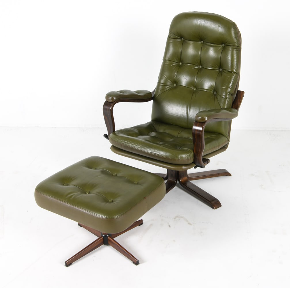 ARNE NORELL STYLE LEATHER SWIVEL CHAIR W/ OTTOMAN (1 of 18)