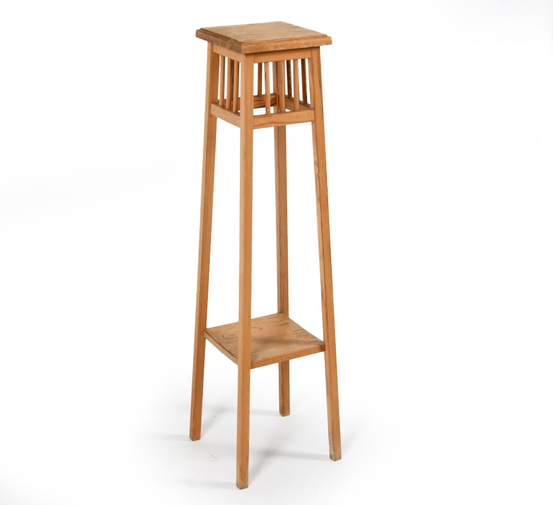 SWEDISH PINE PEDESTAL STAND C. 1970S: Dimensions: H 37.5" x W 8.5" x D 8.5". Condition: Some scuffs, scratches, rubs, and sun fading. wear consistent with age and use.