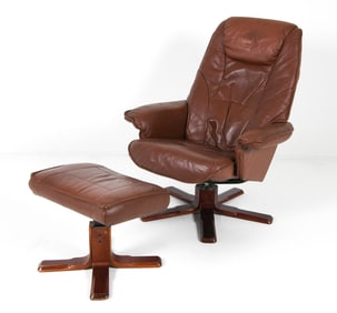SCANDINAVIAN LEATHER SWIVEL LOUNGE CHAIR & OTTOMAN