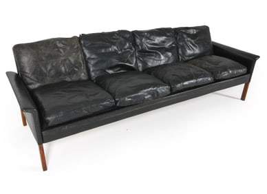 HANS OLSEN BLACK LEATHER & ROSEWOOD SOFA C. 1960S