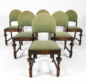 (6) JACOBEAN STYLE WALNUT & WOOL DINING CHAIRS