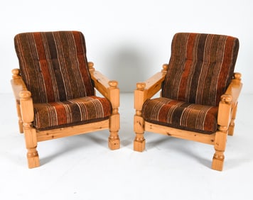 PAIR OF SCANDINAVIAN BRUTALIST PINE LOUNGE CHAIRS