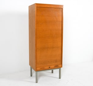 SCANDINAVIAN OAK TAMBOUR DOOR FILE CABINET 1960S
