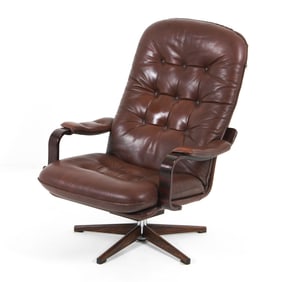 SCANDINAVIAN BIRCH & LEATHER SWIVEL RECLINER CHAIR