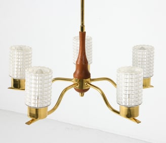 SWEDISH TEAK & BRASS CHANDELIER C. 1960S