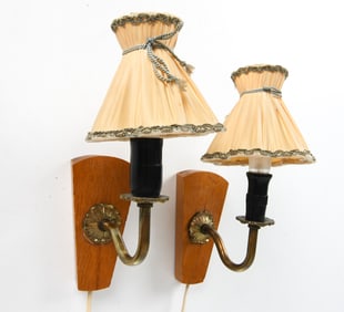 PAIR OF SCANDINAVIAN BRASS & OAK SCONCES C. 1970S