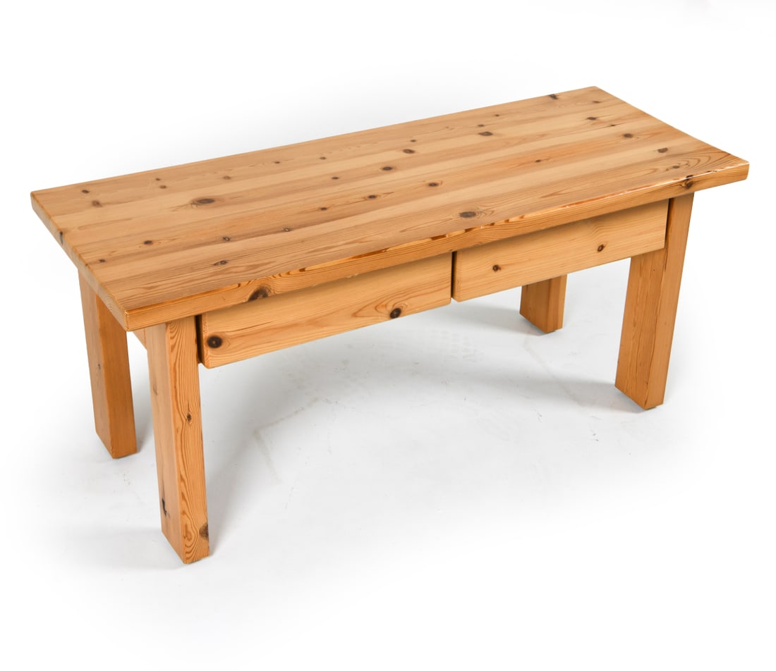 SWEDISH PINE COFFEE TABLE C. 1960S: Dimensions: H 18" x W 39.25" x D 15.75" Condition: Scattered nicks, dings and scratches throughout. Wear consistent with age and use.