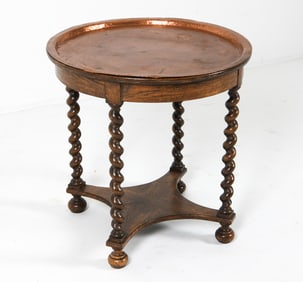 ANTIQUE BARLEY TWIST OAK SIDE TABLE W/ COPPER TOP