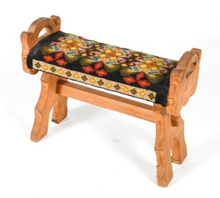 ANTIQUE NORWEGIAN PINE NEEDLEPOINT STOOL