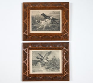 PAIR VINTAGE HUNTING PRINTS W/ CARVED OAK FRAMES