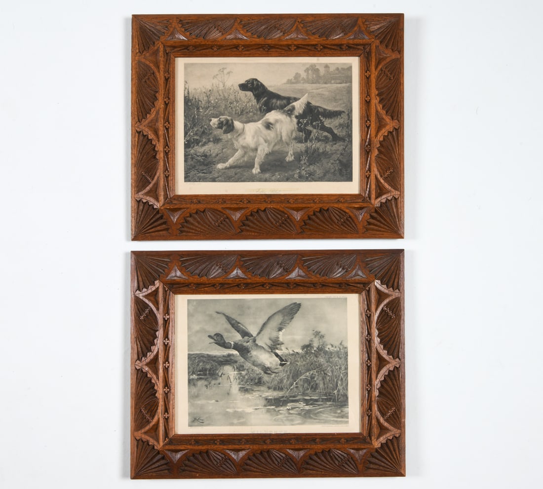 PAIR VINTAGE HUNTING PRINTS W/ CARVED OAK FRAMES (1 of 12)