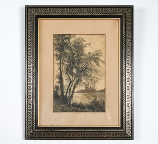 ANTIQUE GRAPHITE LANDSCAPE DRAWING 19TH C.