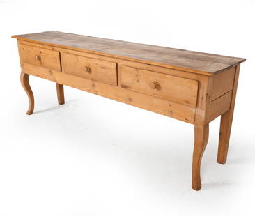 COUNTRY PINE CONSOLE TABLE: With cabriole legs. Dimensions: H 32.75" x W 84" x D 20" Condition: Moderate rubbing and scuffs to finish on legs. Scattered nicks and minor surface blemishes. Wear consistent with age and use.