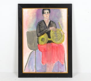 MODERNIST GIRL WITH FRENCH HORN GOUACHE PAINTING