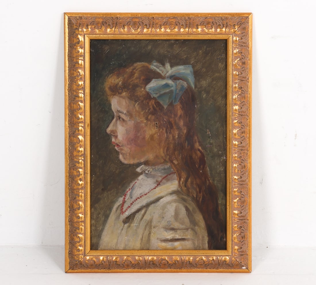 ANTIQUE PORTRAIT OF A GIRL O/C: Dimensions: Frame H 20" x W 14". Canvas H 16" x W 10.75". Condition: Few holes to canvas. Small chip to frame. Wear consistent with age and use.