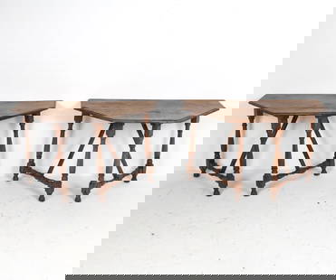 PAIR OF 18TH C. ENGLISH OAK CONSOLE TABLES: Dimensions: H 31.75" x W 53.25" x D 26.5" Condition: Water rings, discoloration and surface scuffs. Moderate worm holes (not active). Losses to legs and feet. Wear consistent with age and use.