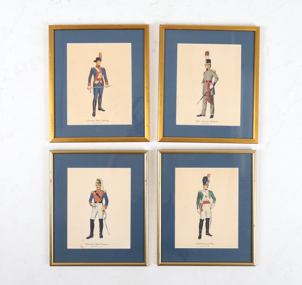 THE OLD SOUTH GUARDS MILITARY PRINTS: (4) prints depicting the military uniforms of various sects of the military. Frames: H 13.5" x W 11.75" Sight: H 9.25" x 7.75" Condition: Scattered scuffs and nicks to gilt frames. Not examined out of