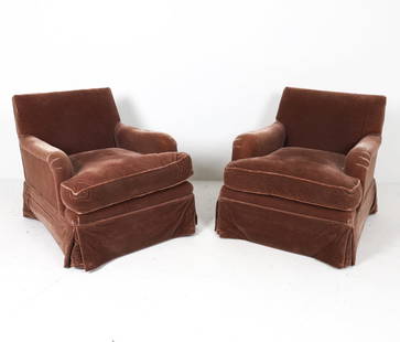 PAIR OF VELOUR LOUNGE CHAIRS: Brown-tone velour upholstery. Dimensions: H 29.75" x W 29" x D 34", SH 18" Condition: Moderate thinning and rubbing to upholstery. Wear consistent with age and use.