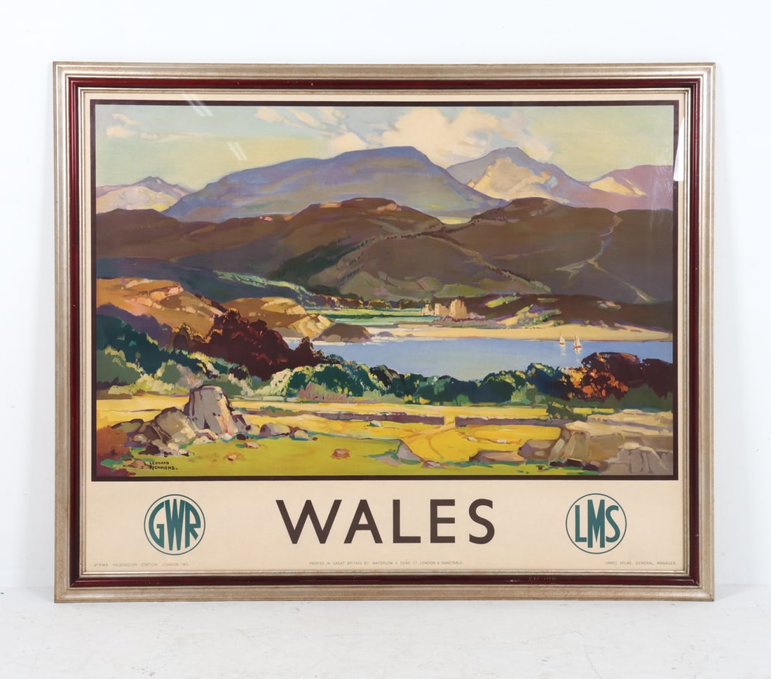 VINTAGE LEONARD RICHMOND WALES POSTER: Frame: H 44.5" x W 55" Sight: H 39.5" x W 49.5" Condition: Minor rubbing to silver gilt frame and outer edges. Presents well overall.