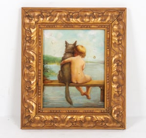 20TH C. BOY WITH DOG O/B PAINTING