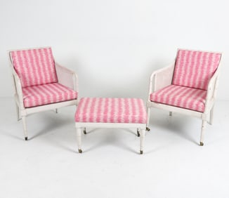 FAUX BAMBOO & CANED LOUNGE CHAIRS & OTTOMAN