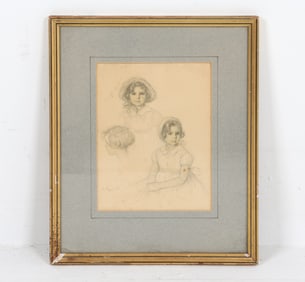 VINTAGE GRAPHITE PORTRAIT DRAWING OF A GIRL