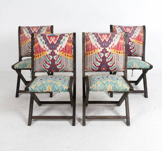 (4) KANEENA TERAI ANTHROPOLGIE FOLDING CHAIRS: Labels to undersides. Undersides affixed with securing hooks. Oak frames with bohemian style wool upholstery. Dimensions: H 32.5" x W 18.25" x D 18.75", SH 18.25" Condition: Scuffs, nicks and rubbing