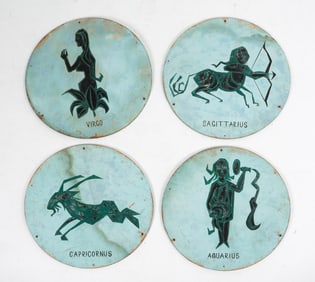 VINTAGE PAINTED ZODIAC SIGN ON PANEL GROUPING