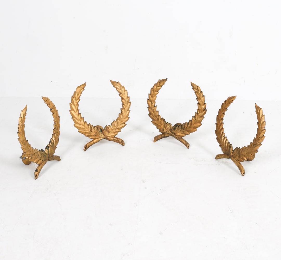 DECORATIVE CURTAIN TIE BACKS: Dimensions: H 10.25" x W 10" x D 4" Condition: Minor nicks to edges. Intentional rubbing and losses to gilt. Wear consistent with age and use.