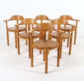 (6) DAUMILLER STYLE PINE DINING ARMCHAIRS C. 1970S