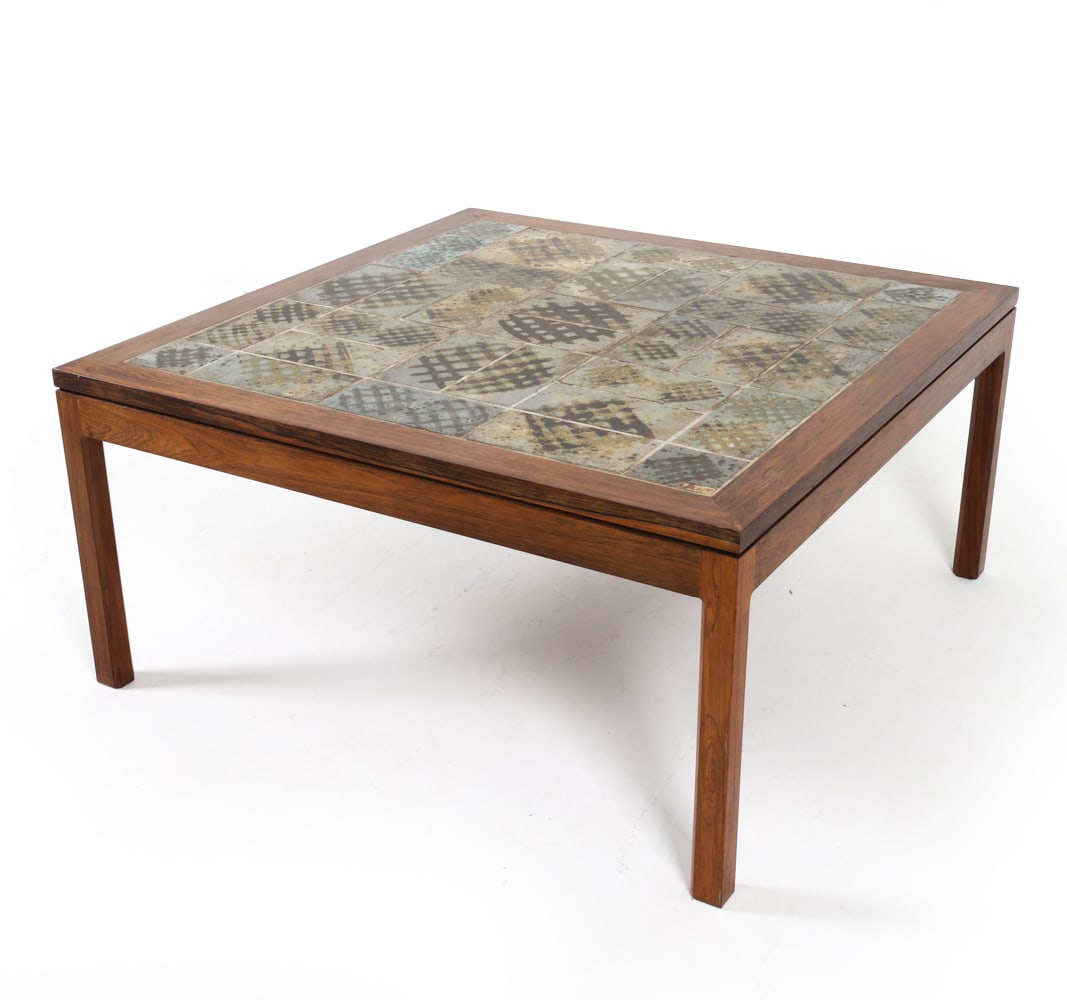 TUE POULSEN ROSEWOOD & TILE COFFEE TABLE: Signed to corner. Dimensions: H 20"x W 21.75" x D 21.75" Condition: Scuffs and water marks to wood frame. Moderate dings to edges. Wear consistent with age and use. GCE008